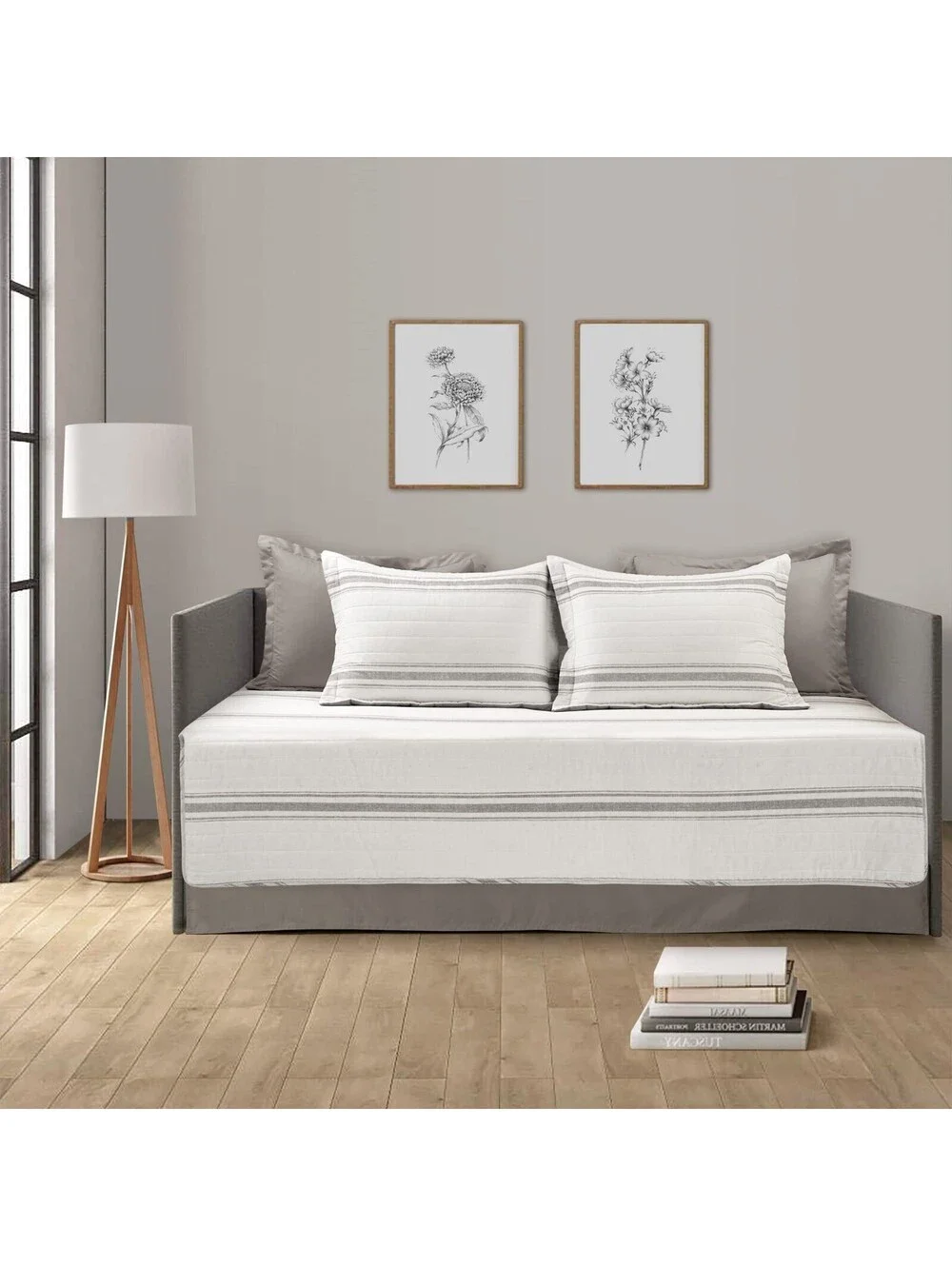 Lush Decor Farmhouse Stripe Gray Cotton Daybed Cover Set 6 Pc Twin Open Box New
